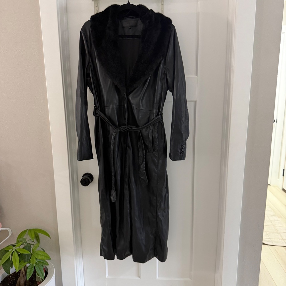 BLANKNYC Faux Leather Long Trench Coat with Faux Fur Collar Black Mediumโ